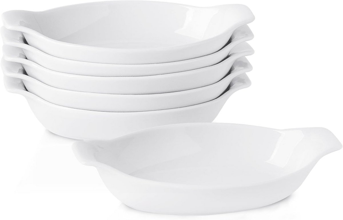 Ovenschalen Set van 6 - 350 ml, Ovale Keramische Bakvormen voor Één Portie, Veilig in Oven en Magnetron, Met Handgrepen