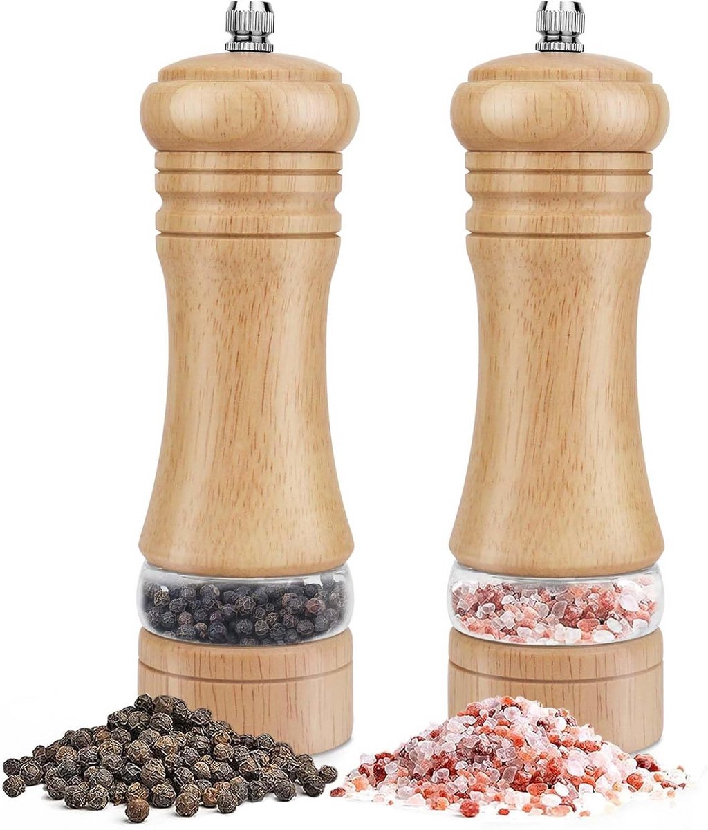 Set van 2 Zout- en Pepermolens van Hout – Handmatige Molen met Verstelbaar Keramisch Maalwerk (16,5 cm)