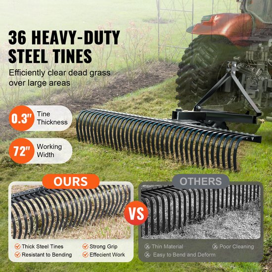 72" sleepverticuteermachine, 36 stalen tanden, 3-punts gazonhark voor tractor, landschapshark voor tuin en boerderij, verzamelt gras, bladeren en afval van Merkloos	 — afbeelding 3