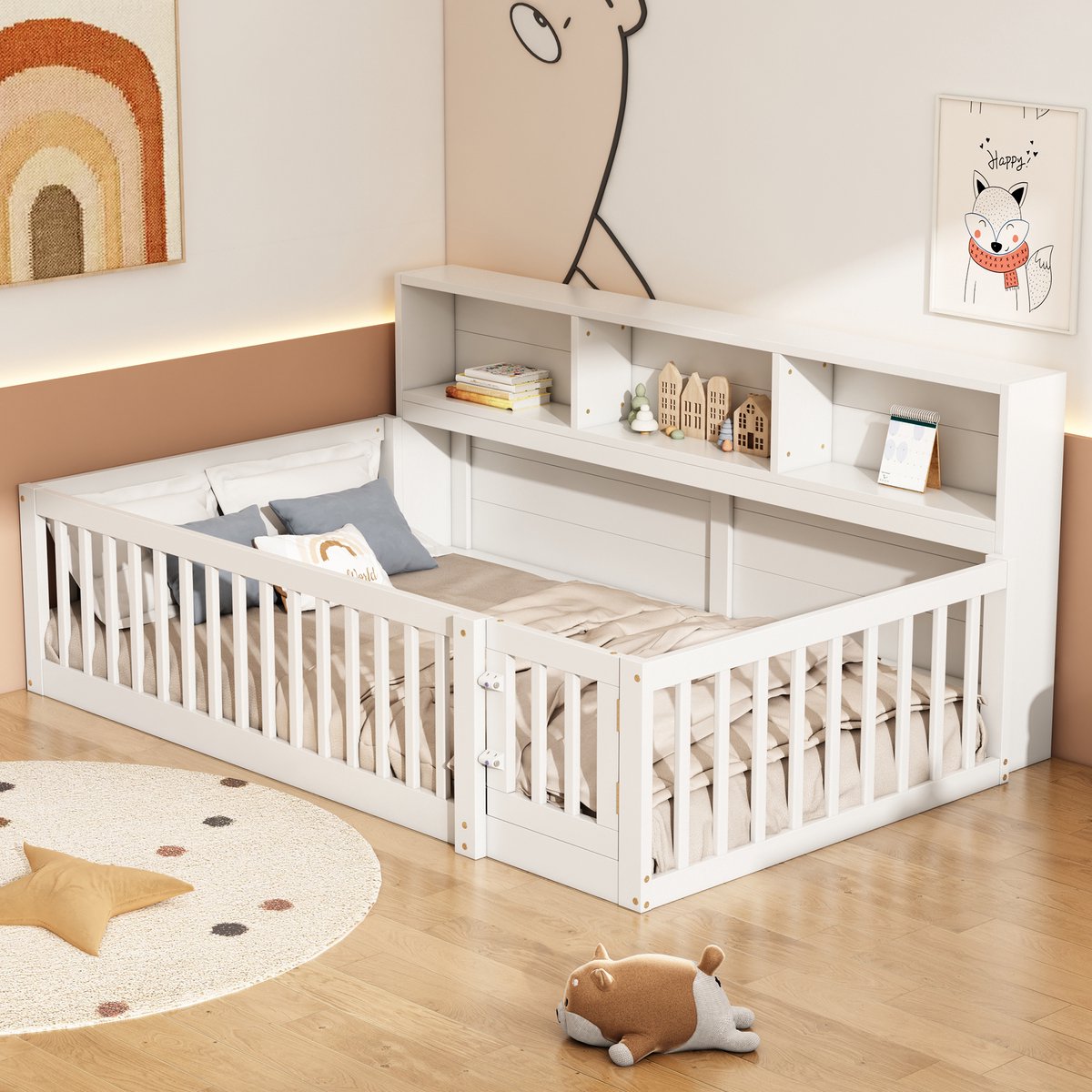 MODFU Bedframe 90x200 cm – Met opbergruimte en veiligheidshekje – Veilig en ruimtebesparend – Van grenen – Wit