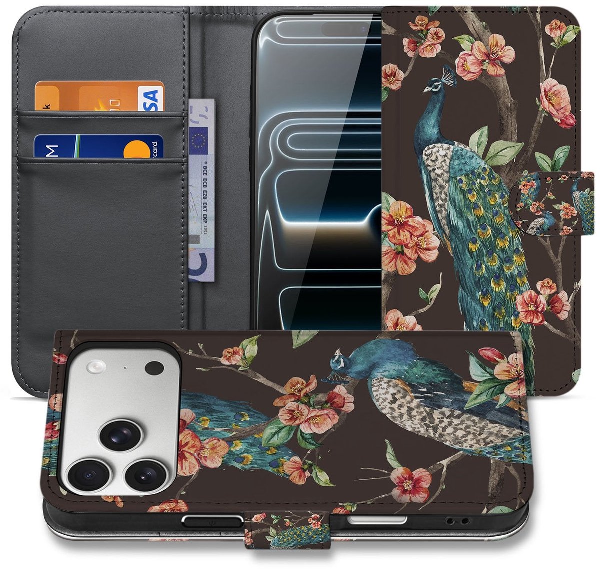 Apple iPhone 17 Pro Max Bookcase Hoesje Met Pasjes Pauw Bloemen Print