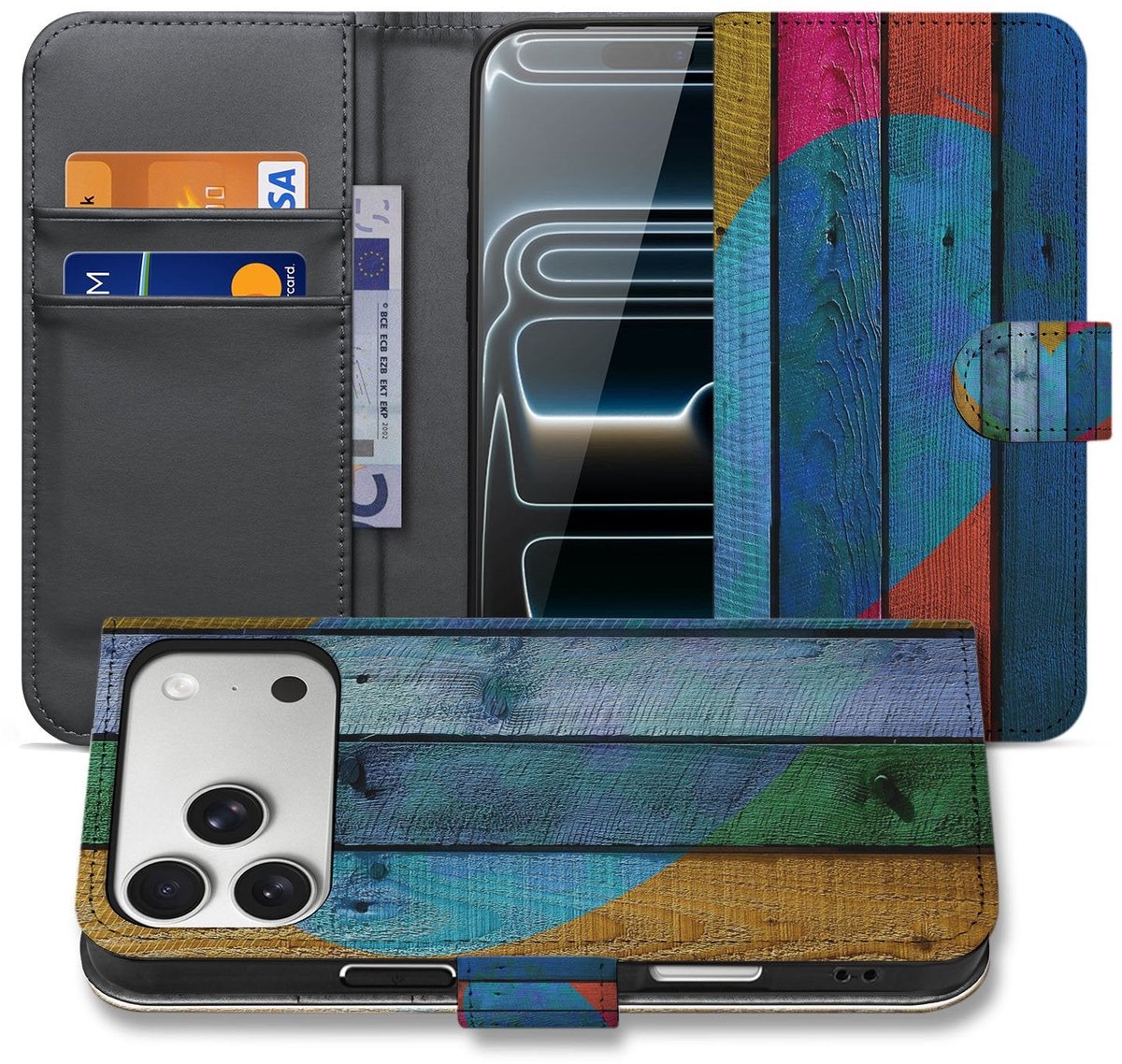 Book Case iPhone 17 Pro Max Wood Heart Met Pasjes Bruin