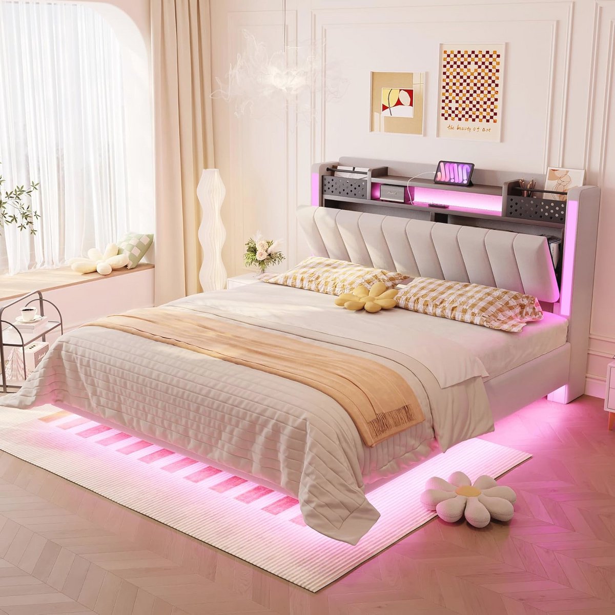 Tweepersoonsbed 140 x 200 cm met USB en opbergruimte, inclusief verstelbaar hoofdeinde