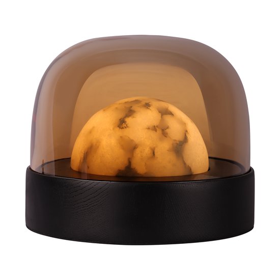Atmooz Ottawa Tafellamp – Ø25 cm – decoratieve tafellamp woonkamer – geïntegreerde LED 3000K – warme sfeerlamp met rookglas kap – eikenfineer basis met alabaster detail – moderne tafel lamp binnen – bruin en smoky glas