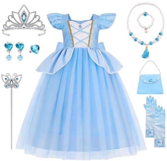 Prinsessenkostuum voor Meisjes - Assepoester stijl met Kroon en Halsketting - Perfect voor Carnaval en Cosplay