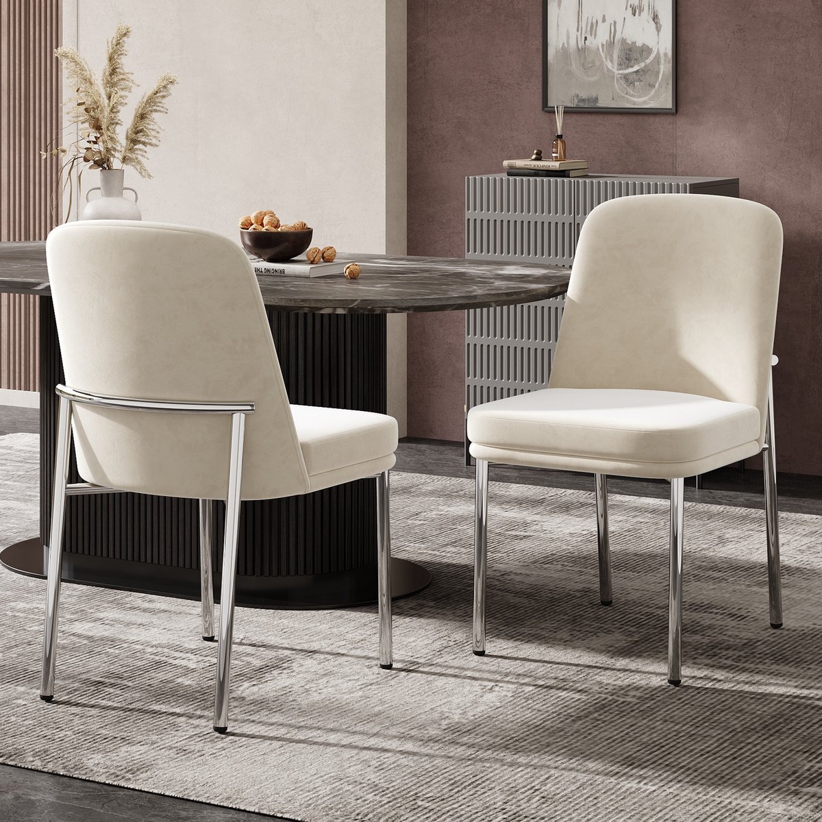 MODFU Eetkamerstoel set van 2, gestoffeerd met fluweel, verchroomd metalen frame, modern m