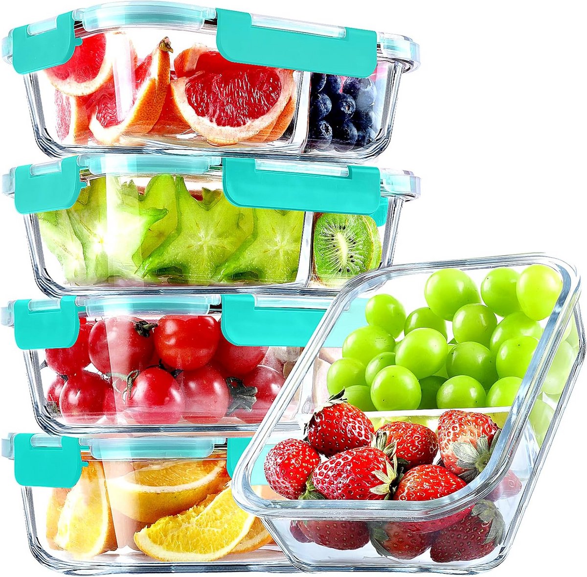 5-pack glazen maaltijdbereidingscontainers met 2 compartimenten - luchtdichte voedselopslag voor magnetron, oven en vriezer