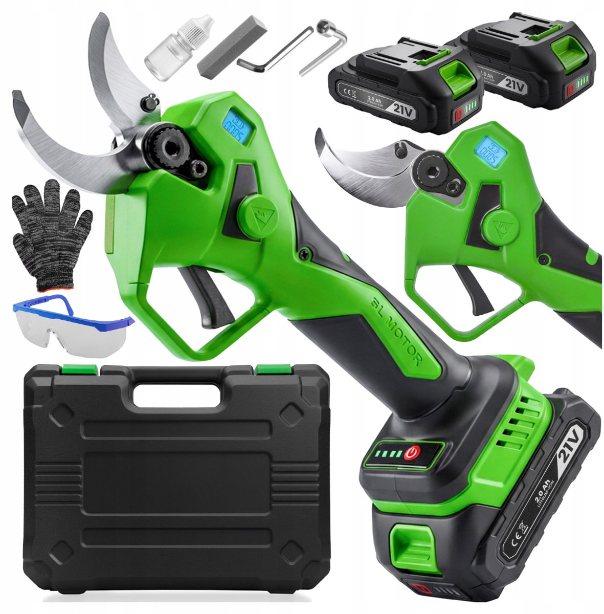 MOZY® - Elektrische Snoeischaar in Opbergkoffer - tot 40 mm - Inclusief 2 Accu's - LED Display - met Handschoenen en Veiligheidsbril - Takkenschaar - Draadloos