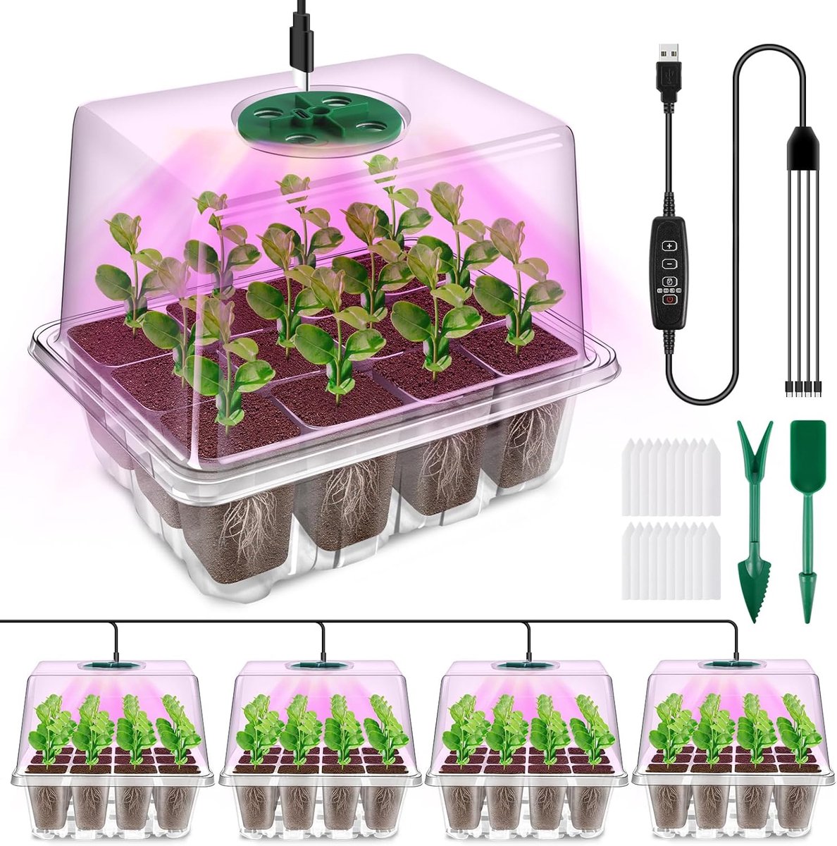 Famanu – Kamerbroeikas - kweekbak met plantenlamp - 4 stuks - mini-broeikas - kweekset met timercontroller instelbare helderheid - verdikte kas - transparant