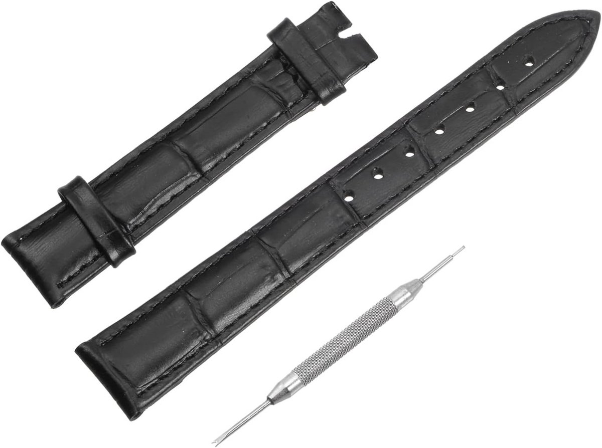 Leren Horlogeband Zwart 15mm, Unisex, Zachte Koeienhuid met Embossed Patroon