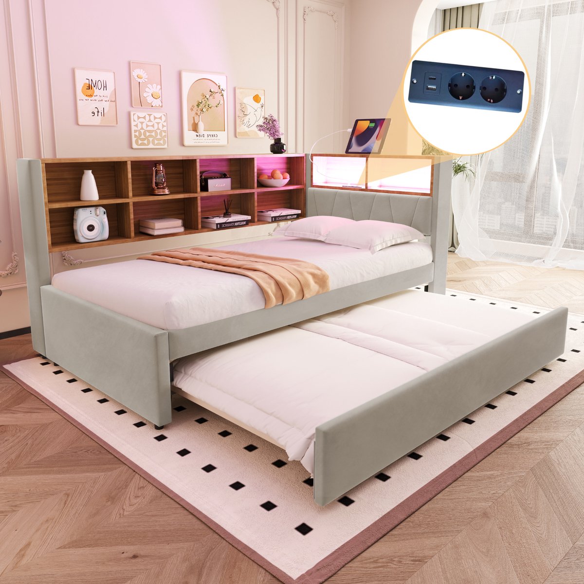 STILVORA Slaapbank 90x200 cm – Uitklapbed 90x190 cm – LED & Multifunctionele Laadpoorten – Met Opbergruimte – Flanellen – Lichtgrijs – Zonder Matras