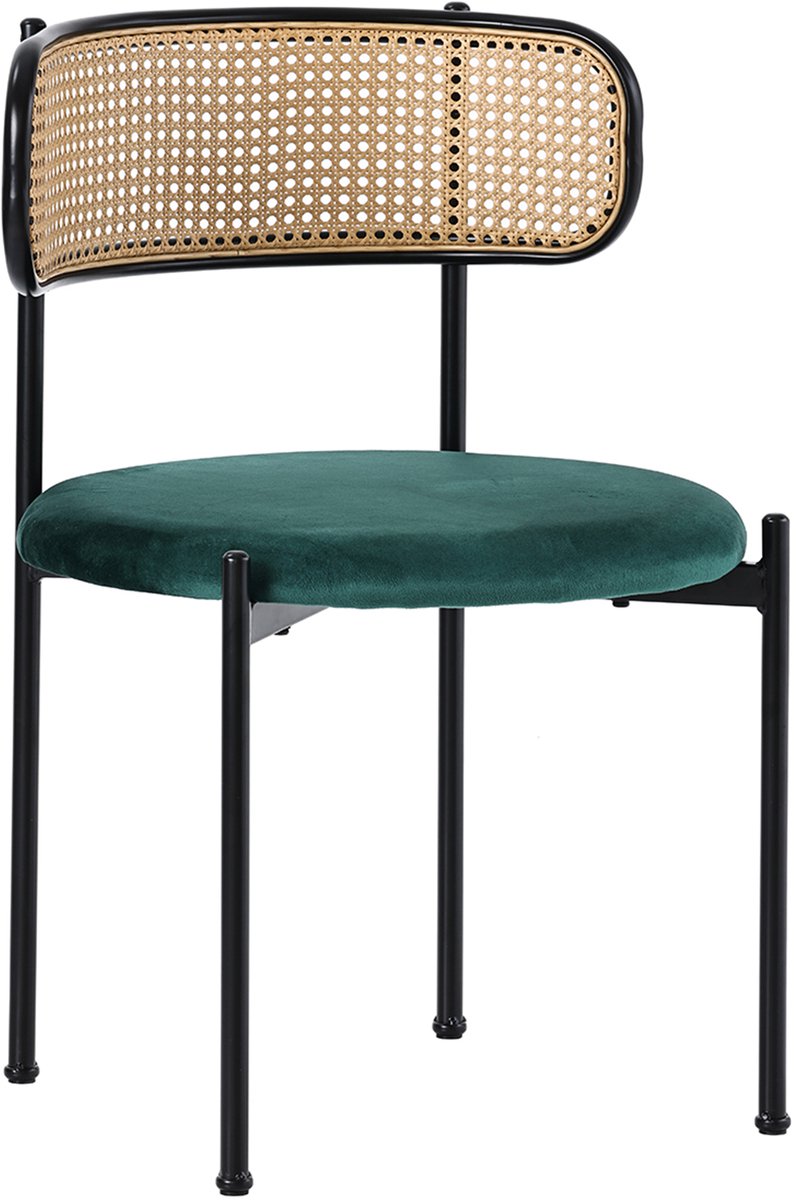 Urban Loft - Serie Metro - 5-Delig Eetkamer Set (Tafel + 4 Stoelen) - Fluwelen Zitting & Rotan Rugleuning - Industrieel Design & Dik Blad