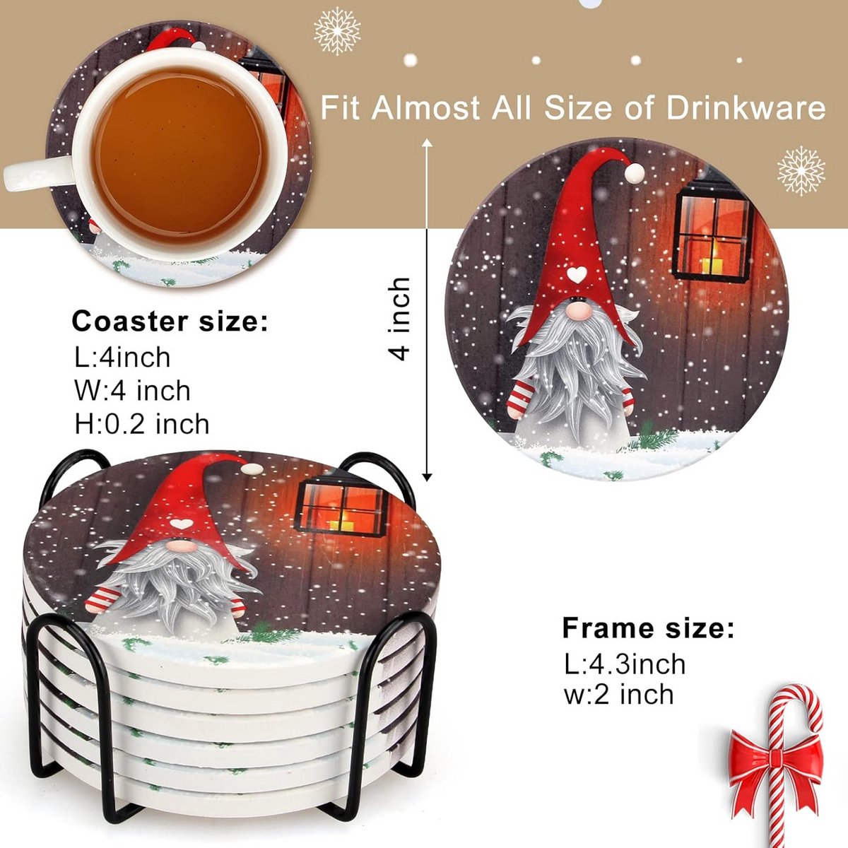 6 Keramische Kerstkabouter Onderzetters met Houder - Zeer Absorberend Set