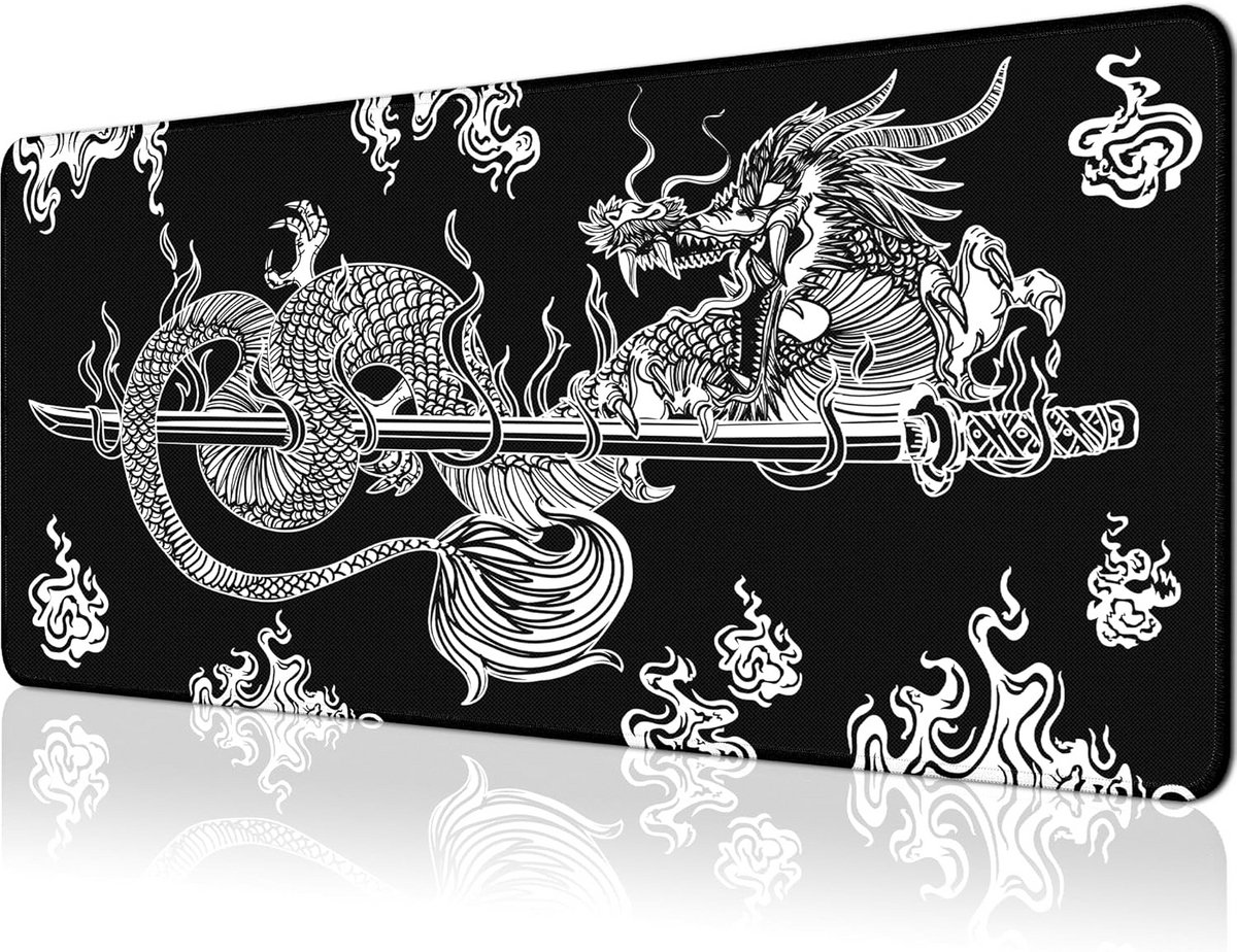 Grote Gaming Muismat met Japanse Draak Design - 80 x 30 cm - Antislip Rubberen Basis - Gestikte Rand - Waterafstotend - Voor Muis en Toetsenbord