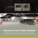 Set van BE Living pannen: koekenpan, hapjespan, wokpan. Zilverkleurig met zwarte anti-aanbaklaag. Verkrijgbaar in diverse maten.