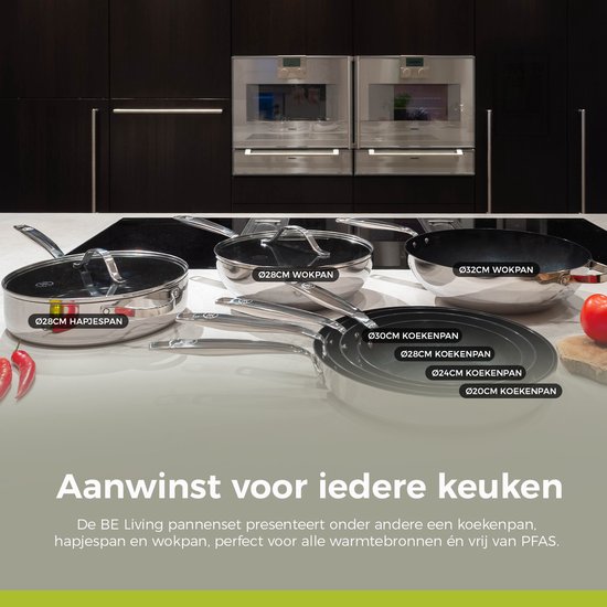 Set van BE Living pannen: koekenpan, hapjespan, wokpan. Zilverkleurig met zwarte anti-aanbaklaag. Verkrijgbaar in diverse maten.
