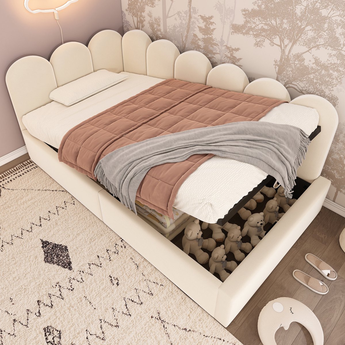 STILVORA Eenpersoonsbed 90x200 cm – Dagbed met hydraulische opbergruimte – Metaal Lattenrooster & EVA-demping – Fluweel – Beige – Zonder matras