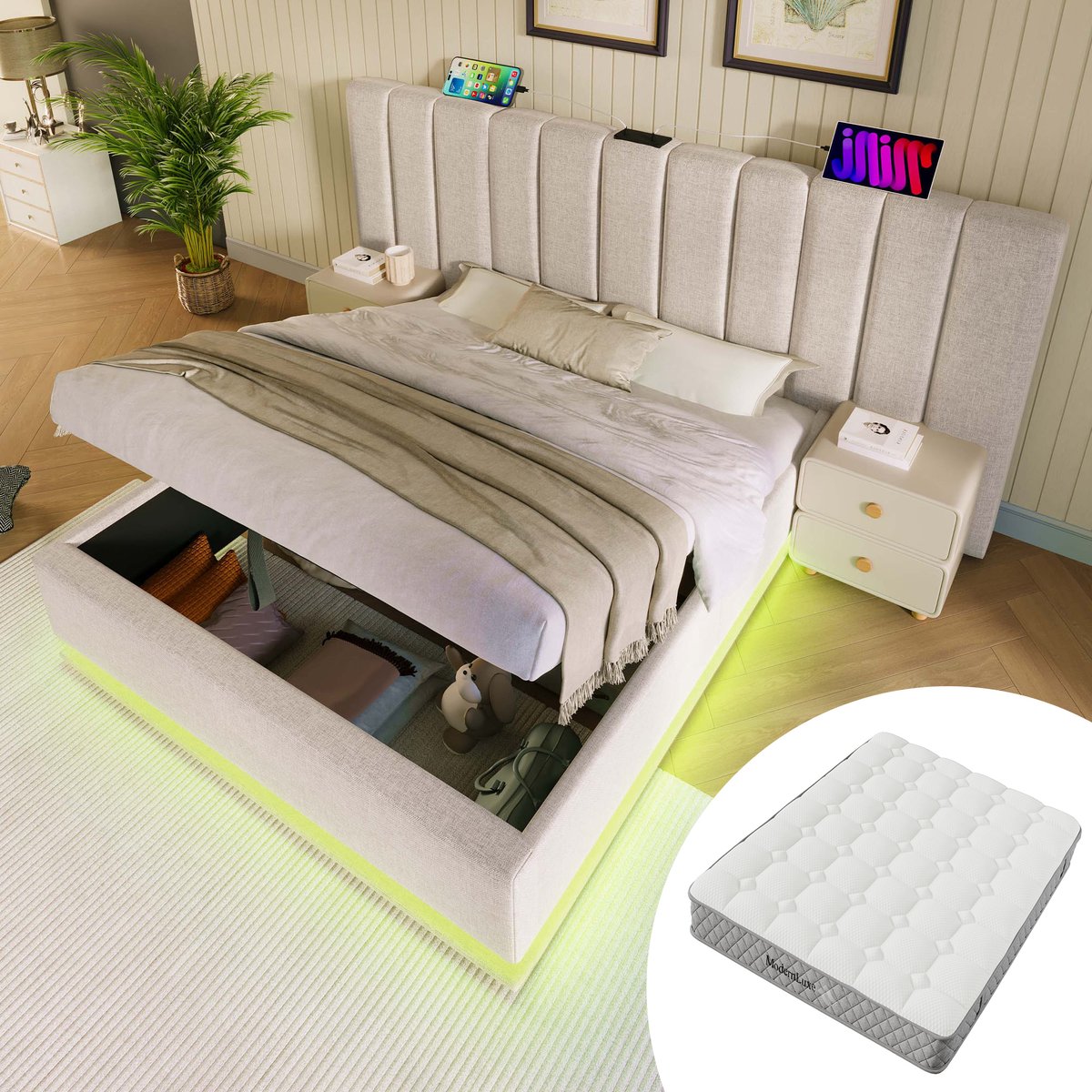 OKWISH Gestoffeerd Bed 180x200cm - Hydraulisch Opbergbed Met LED & USB/Type-C 20W Snellader - 7-Zones Matras H3 - Linnen - Beige - Met matras