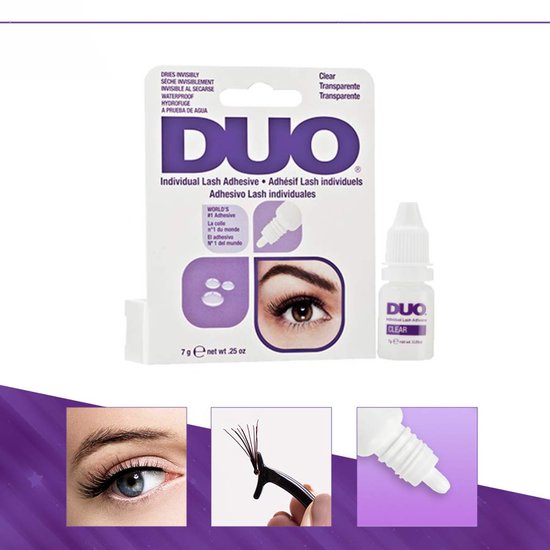 Verpakking DUO Individual Lash Adhesive Clear met flesje, afbeelding oog met wimpers, druppels lijm, en een close-up van wimpers aangebracht met pincet.