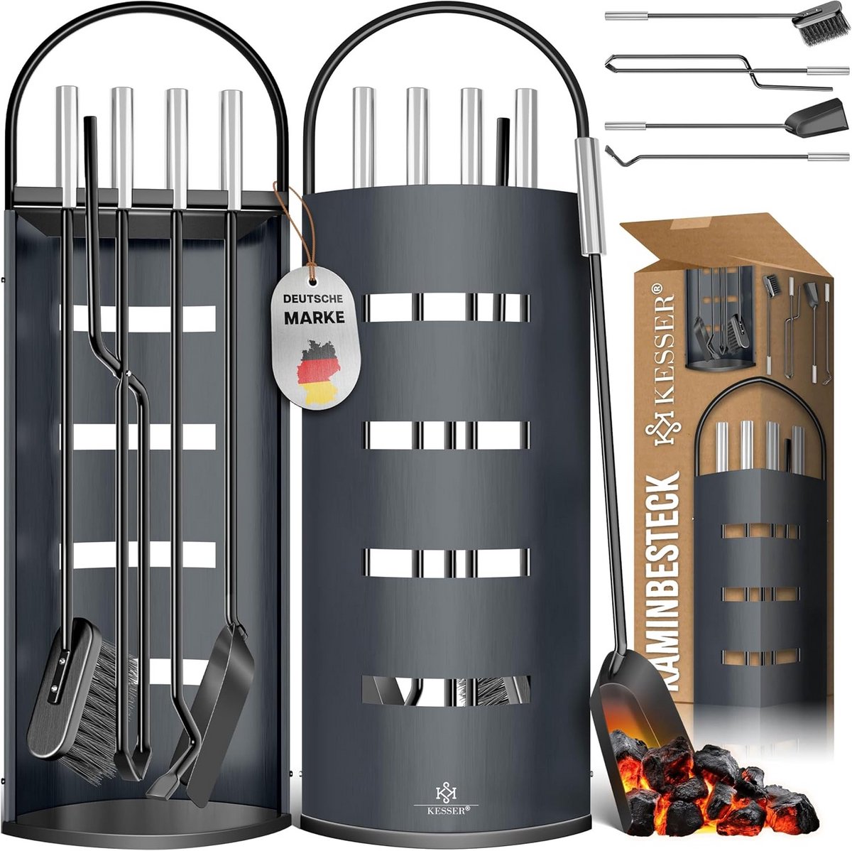 Haardgerei Set 5-delig, modern design, roestvrijstaal, met standaard en privacy screen