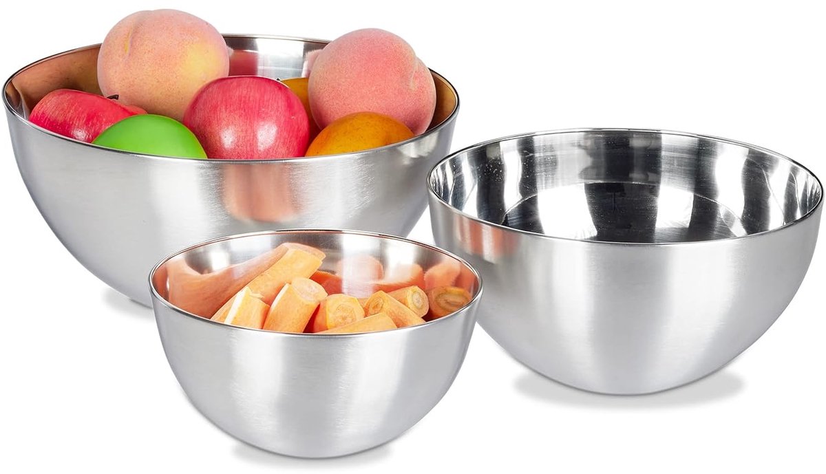 TRANKIELO® - 3-delige schalenset van roestvrij staal – vaatwasserbestendig, stapelbaar, diverse groottes, zilver