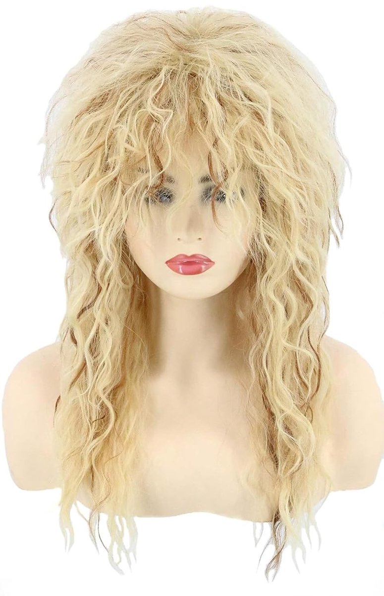Daity Een blonde Tina rockdiva pruik uit de jaren 80, mullet-stijl, unisex, lang krullend haar (lichtblond).