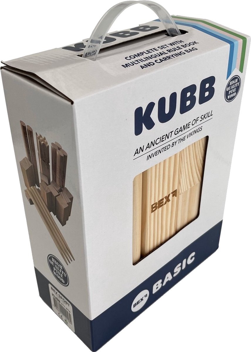 Bex Kubb Basic – Zweeds Vikingschaak – Toegankelijk Buitenspel – FSC Grenenhout – Koning Met Houtkleurige Kroon – Vanaf 8 Jaar – Inclusief Opbergnet Met Trekkoord