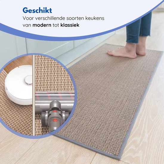 Grijze keukenloper in een moderne keuken, met close-up van stofzuigen en robotstofzuiger. "Geschikt voor verschillende soorten keukens."
