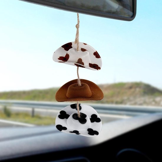 Jhubers Goods - Auto Charm, Western Cowboyhoed Achteruitkijkspiegel Hanger - Cowgirl Hoed Auto Decor - Achteruitkijkspiegel Accessoires voor Cowboyhoed Fans - Geschikt voor Auto's met Achteruitkijkspiegel - Bruin Model