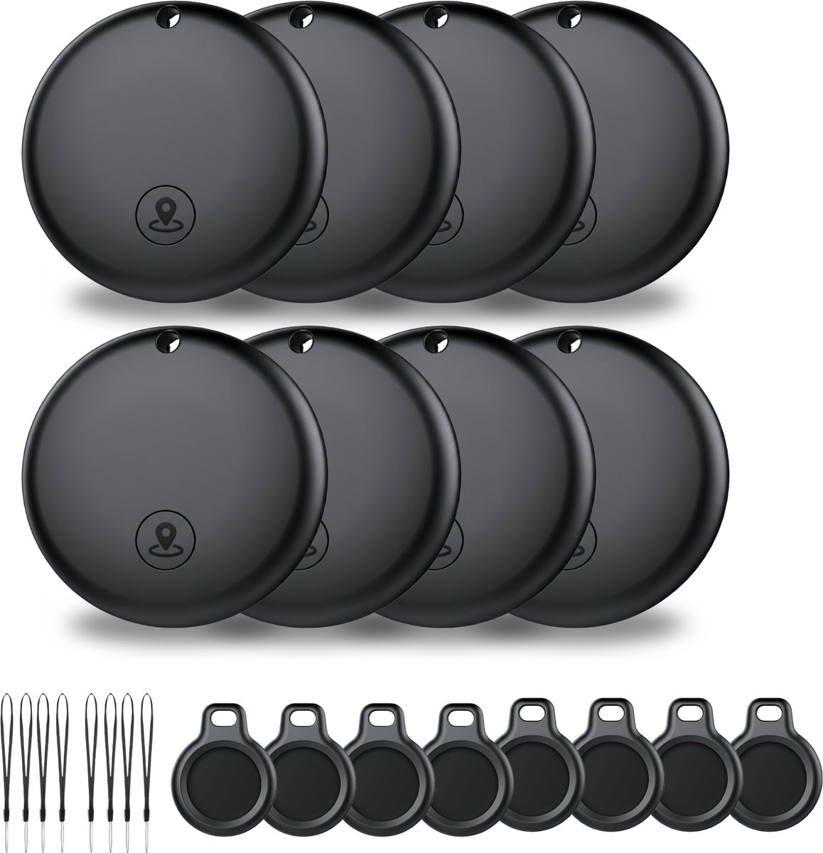 Buzzy Mini GPS Tracker voor IOS – 8 stuks - Werkt met Apple ‘Zoek Mijn’ App – Zonder Abonnement – Bluetooth Tracker voor Sleutels, Koffer, Hond & Auto – Zwart