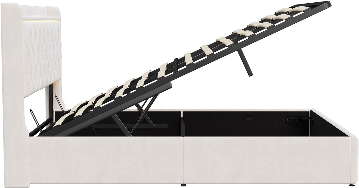 SHOPENTRA Opbergbed 160x200 cm Beige Fluwelen met LED-verlichting - afbeelding 3