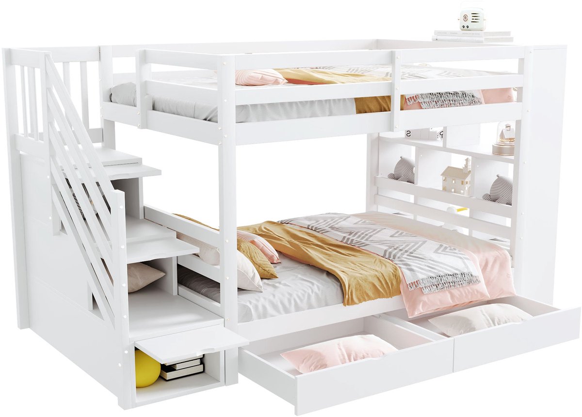 Merax Stapelbed 90x200 cm - Stapelbed voor Kinderen - Veiligheidstrap met opbergvakken - 2 opberglades - Grote opbergkast - Hoge veiligheidshekken - Houten lattenbodem - Grenenhout - Wit