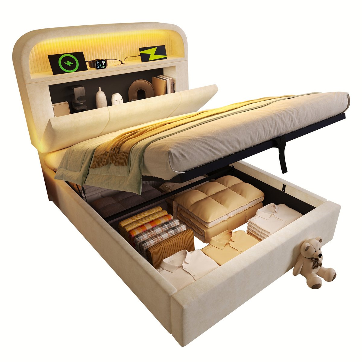 Merax Gestoffeerd Bed 90x200 cm - Beige Fluweel - Bed met Opbergruimte - Hydraulisch liftsysteem - LED verlichting met afstandsbediening - USB en Type C laadstation - Houten lattenbodem - Inclusief matras