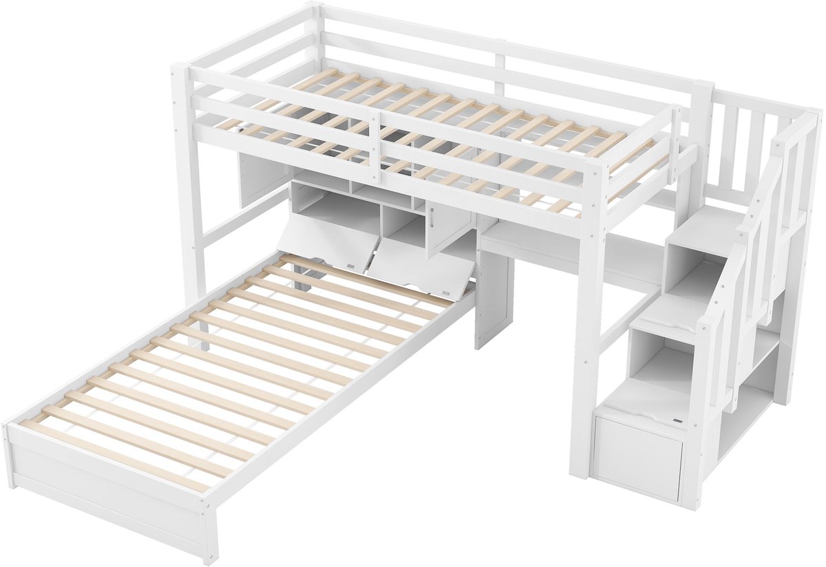 Merax Stapelbed voor Kinderen 90x200 - Met Ingebouwde Schrijftafel en Trap - Bed met Opbergruimte en Regalen - Houten Lattenbodem - Wit