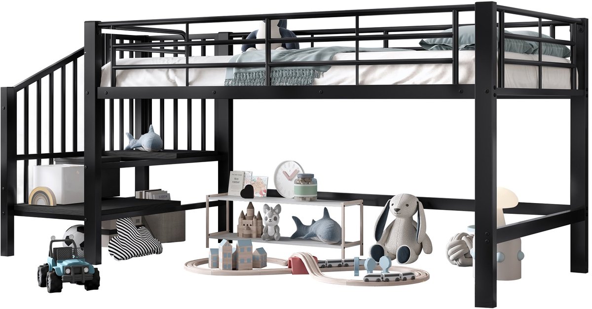 Merax Stapelbed voor Kinderen 90 x 200 cm - Halfhoog Bed met Opbergruimte - Stauraumtrap - Metalen Frame - Houten Lattenbodem - Zwart