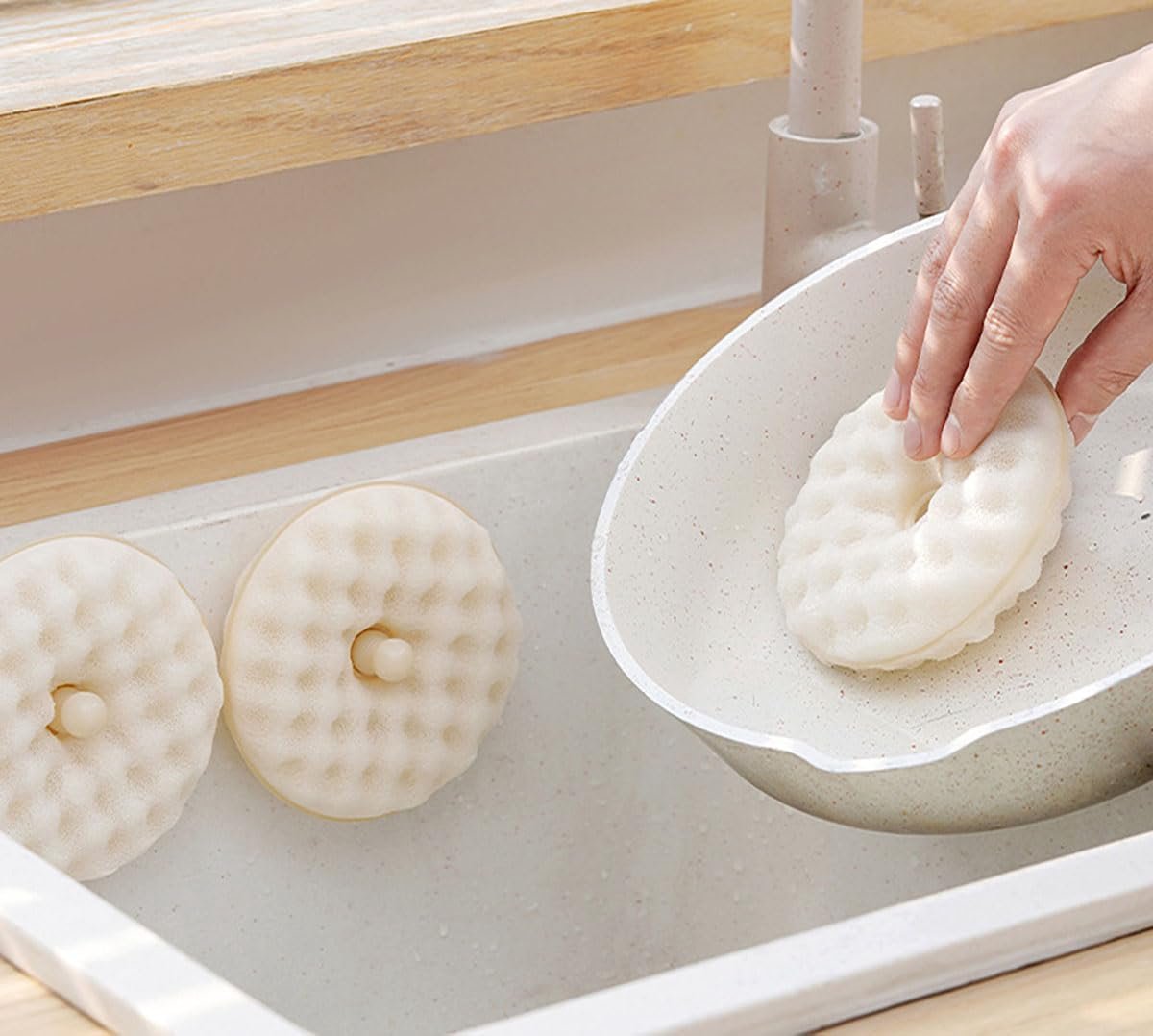 2-delig Tweezijdig Afwasspons Set - Met Zuignap Houder voor Aanrecht - Schuur- en Schoonmaakspons voor Keuken