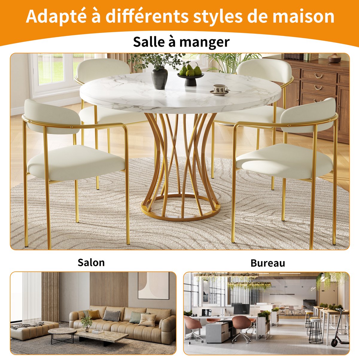 STILVORA Eettafel - Ronde MDF Tafelblad Marmerprint En Verstelbare Poten - Elegant Design Voor Eetkamer En Woonkamer - MDF+Metaal - 80x80x76 cm - Goud