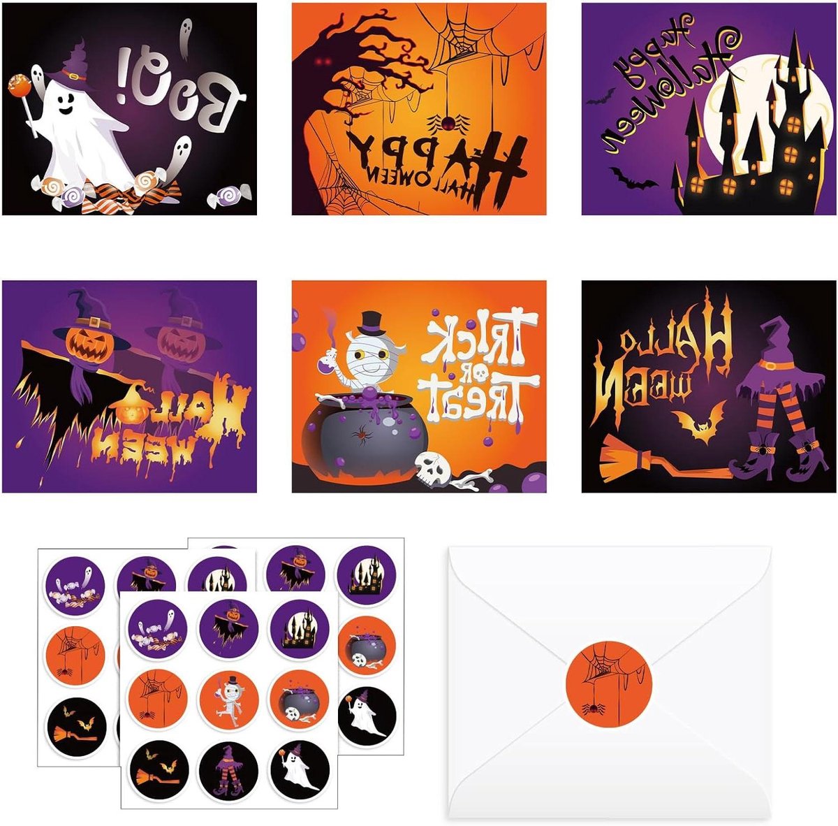 24 wenskaarten met enveloppen voor Halloween, blanco notitiekaarten set. Trick or treat, feestuitnodigingen, griezelige wensen. Met envelopstickers.