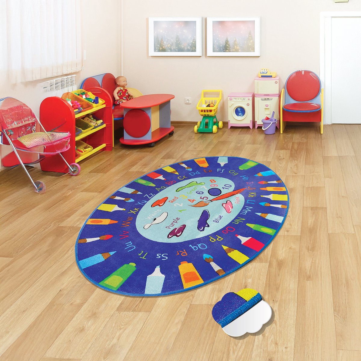 Bosdela Kinder- en Babykleed Palette Blauw Wasbaar vloerkleed voor kinder- en babykamers, 100x160 cm, zacht, blauw paletpatroon, ideaal voor speelkamers en verschoonruimtes.