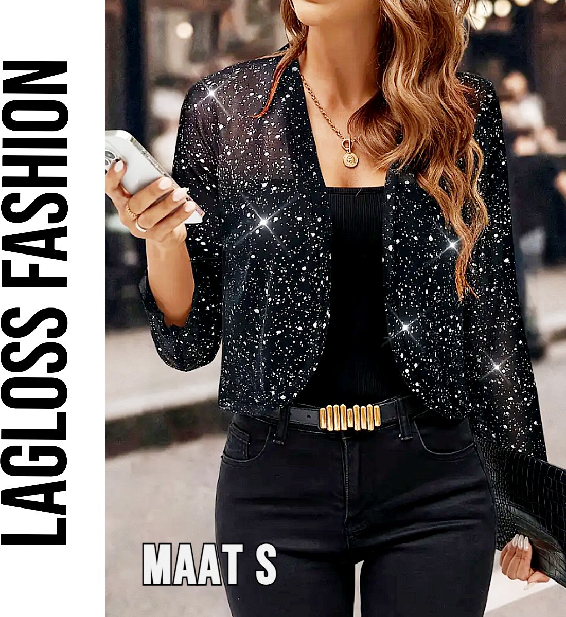 LaGloss® Feestelijk Bolerojasje met Lange Mouwen – Open Voorkant, Licht Elastisch, Perfect voor Kerst, Oud & Nieuw en Avondkleding – Maat S