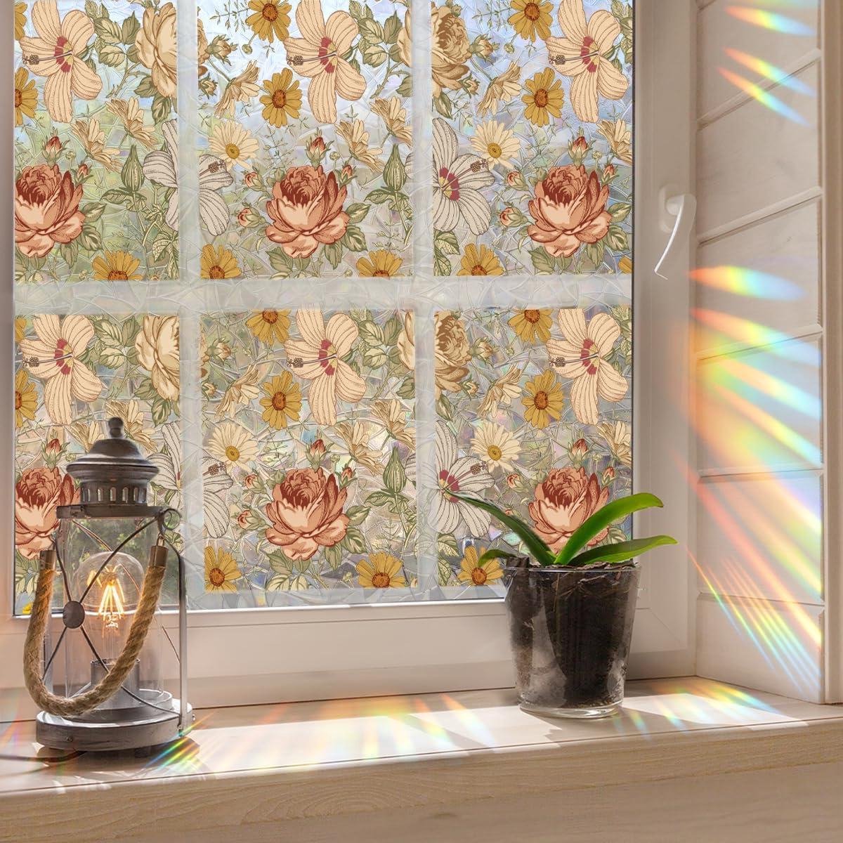Cosensi Raamfolie privacyfolie regenboog boho bloemen raam 3D decoratieve vinyl glas-in-loodfolie vintage bloemenstickers niet-klevend 43,2 x 101,6 cm