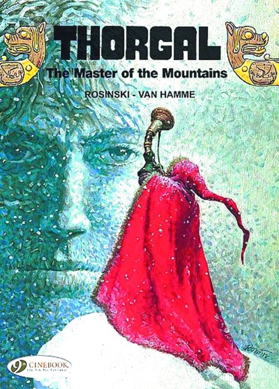 Boekomslag van Thorgal: The Master of the Mountains met een grote, geportretteerde kop van een man met een rode cape en een muziekinstrument.