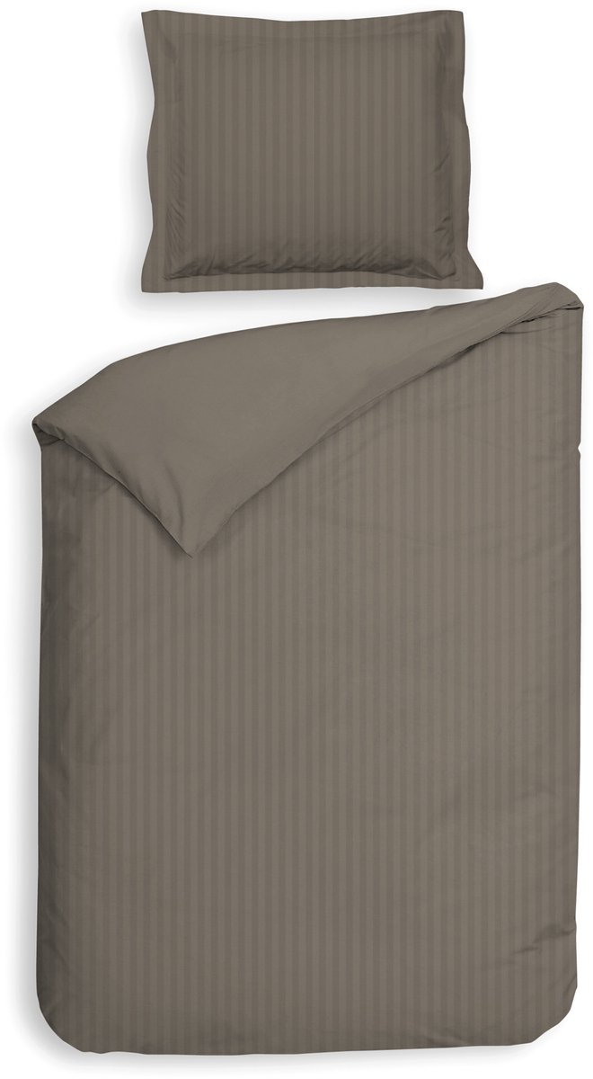 Heckettlane Dekbedovertrek Banda - Bedlinnen met Strepen - 140x220 cm - Taupe - Dekbedovertrek van 100% Katoen-Satijn