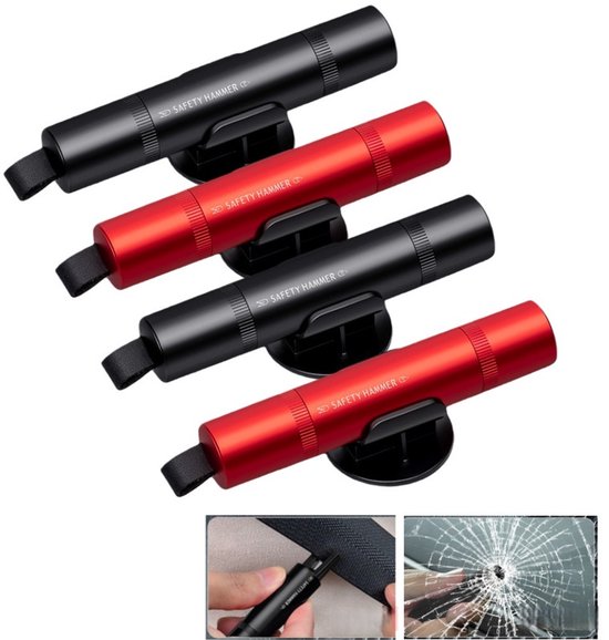 Briseur de vitre auto - 4 pcs - Coupeur de ceinture - Briseur de vitre de secours - Met testglas - Rouge Noir（Convient aux voitures à quatre places）