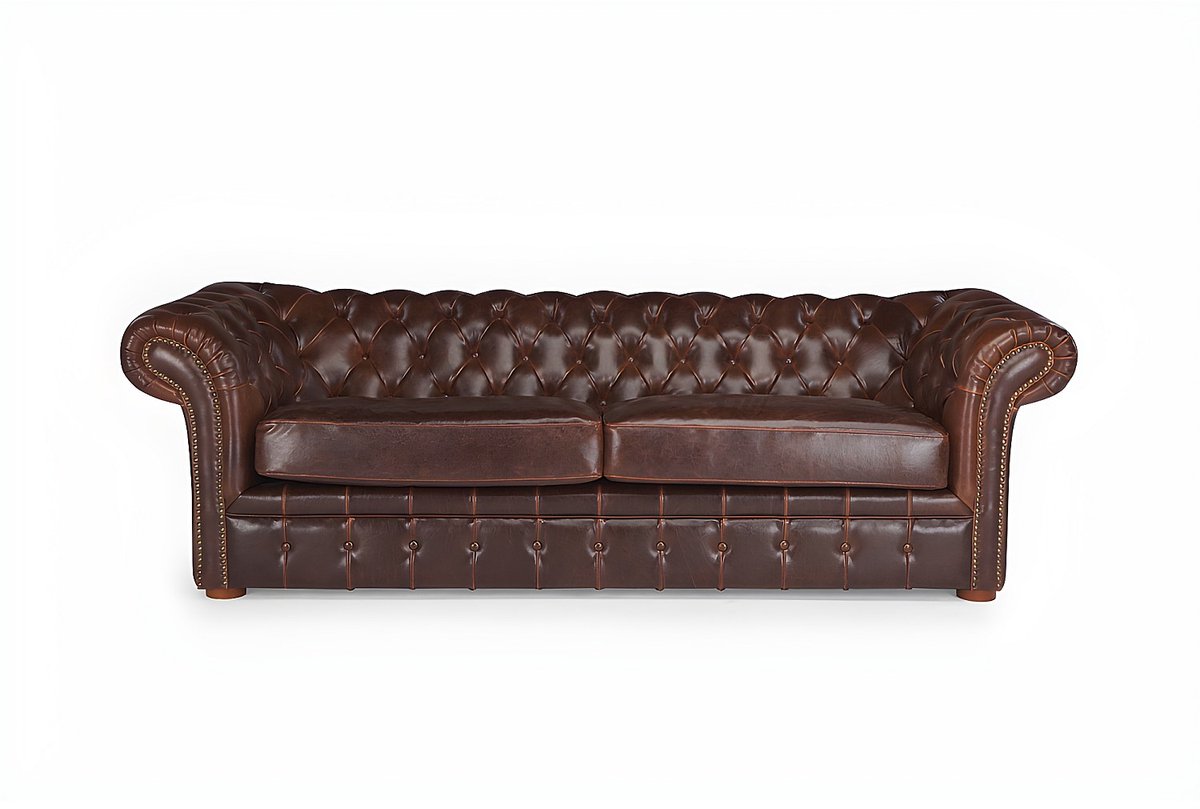 Vente-unique Driezitsbank chesterfield CLOTAIRE van 100% leer met lived-in aspect Donkerbruin