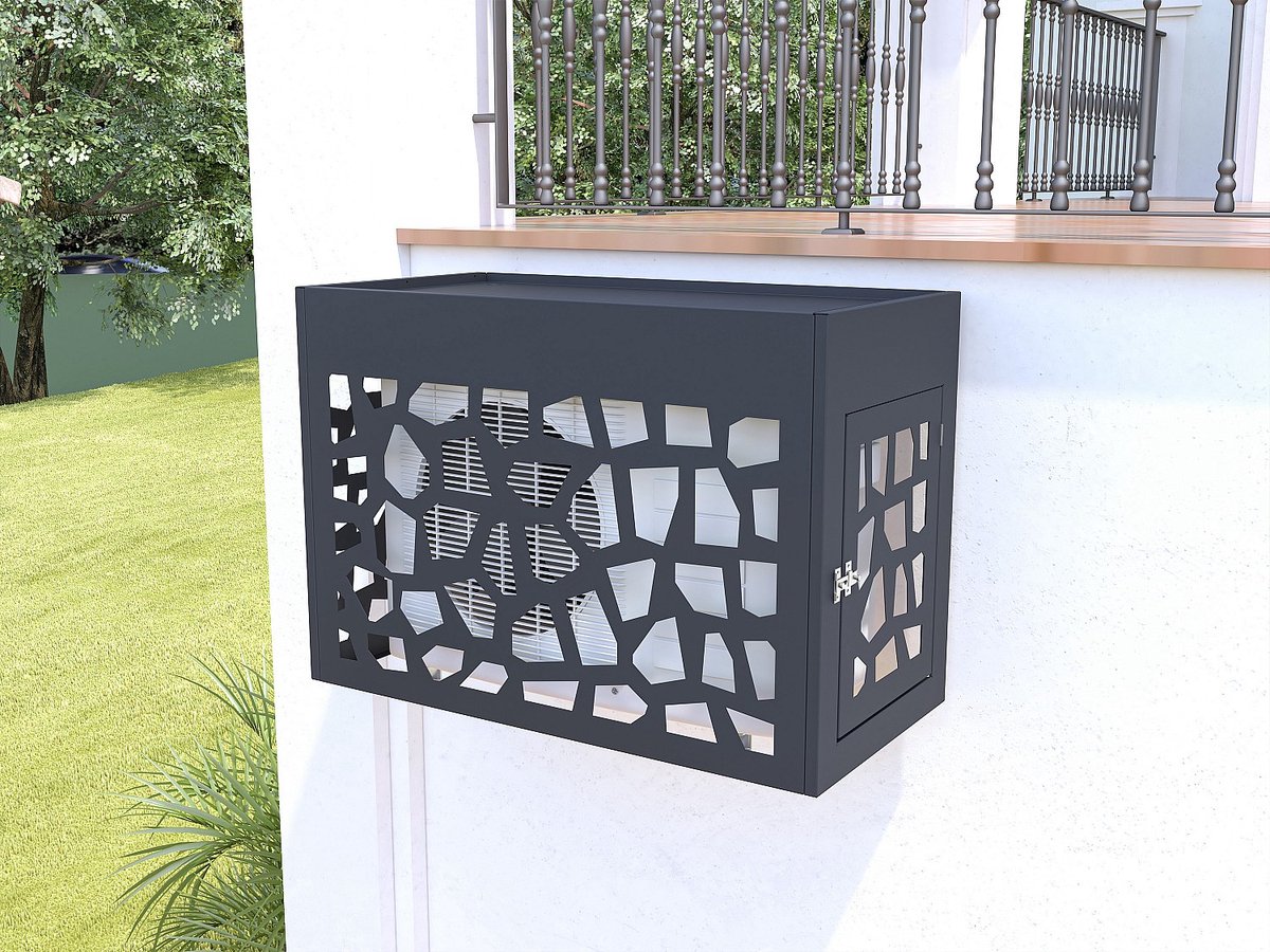 Vente-unique Kast voor airconditioning/warmtepomp in opengewerkt aluminium - Met deurtje - Donkergrijs - KAZOMA
