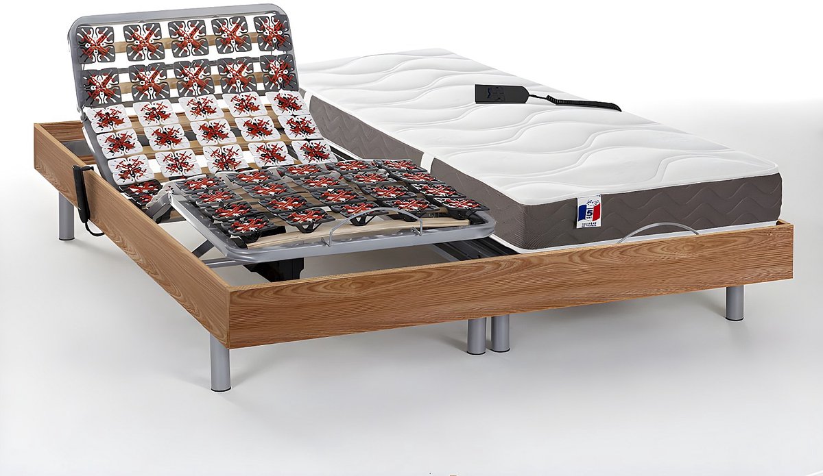 Vente-unique Bed met elektrische lattenbodem hout natuurlijk licht 2 x 70 x 190 cm