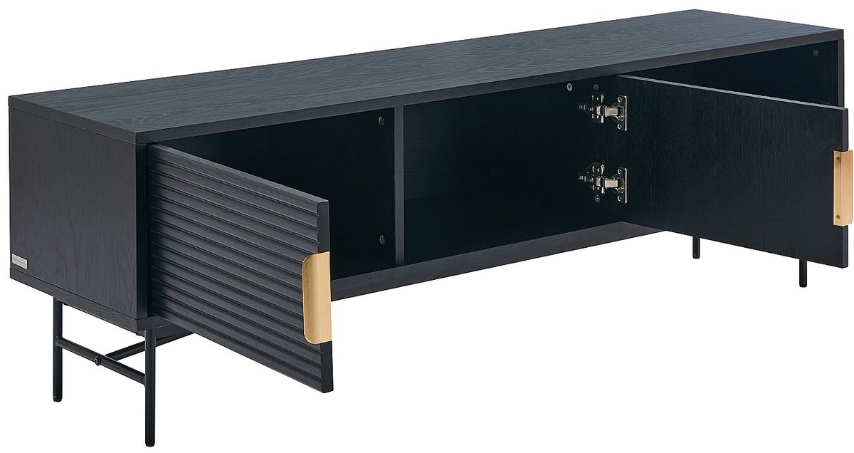 Vente-unique Tv-meubel met 2 deurtjes en 2 vakken in eikenfineer en metaal - Zwart en goudkleurig - SIRIOLA