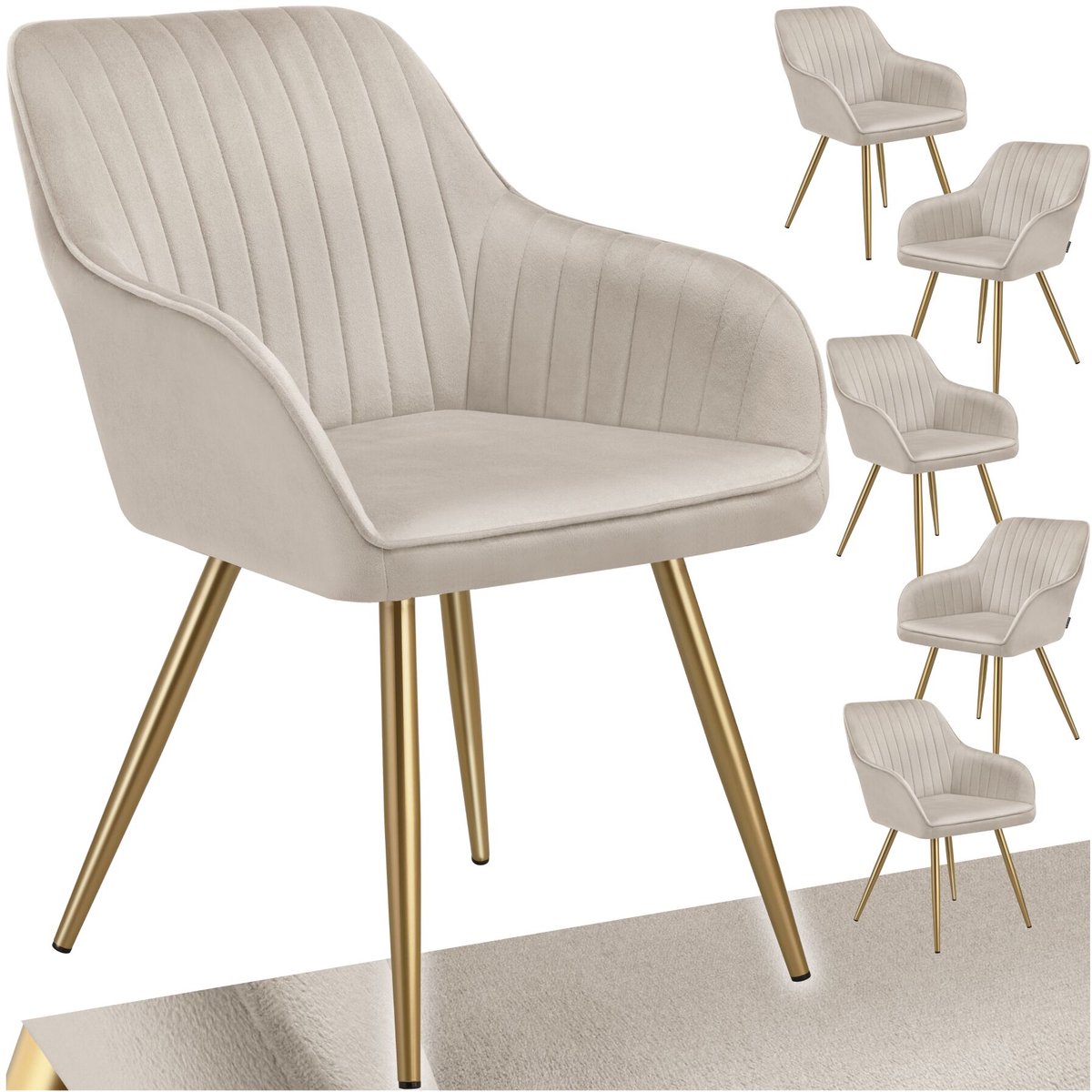 Tectake Eetkamerstoelen Marilyn - Set van 6 - Gestoffeerde Stoel in Fluweellook - Doorgestikt - Zwarte Stoelpoten - Ergonomische Keukenstoel - Doorlopende Rugleuning en Armleuningen - Stoel voor Woonkamer, Eetkamer, Slaapkamer - Taupe