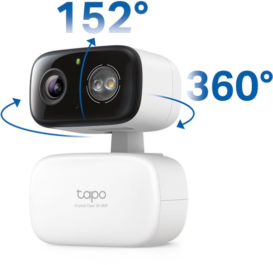 Tapo beveiligingscamera in wit. Indicatie van 152° en 360° kijkhoek met pijlen.
